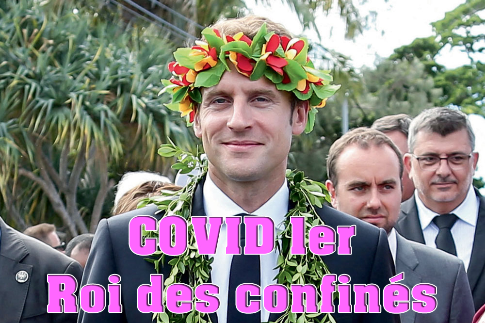 Emmanuel Macron avec une couronne de fleurs, légendé "COVID 1er Roi des confinés".