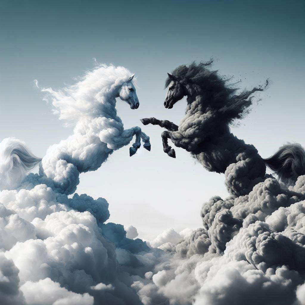 Création graphique digitale : deux chevaux (un blanc et un noir) en nuages s'affrontant dans le ciel, symbolisant l'opposition et la force.