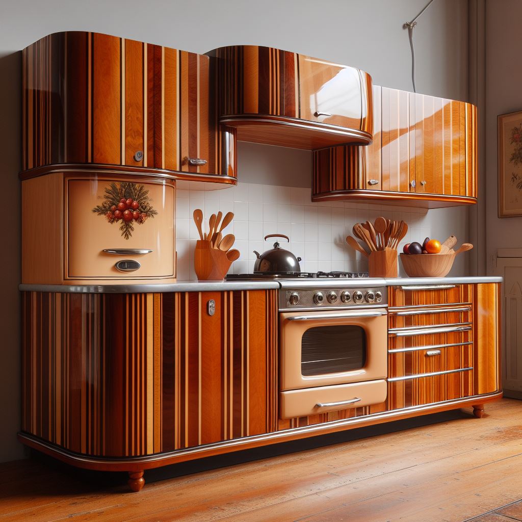 Cuisine style Mado rénovée, formes galbées, finition en vernis teck et acajou, inspirée par le design nautique RIVA.