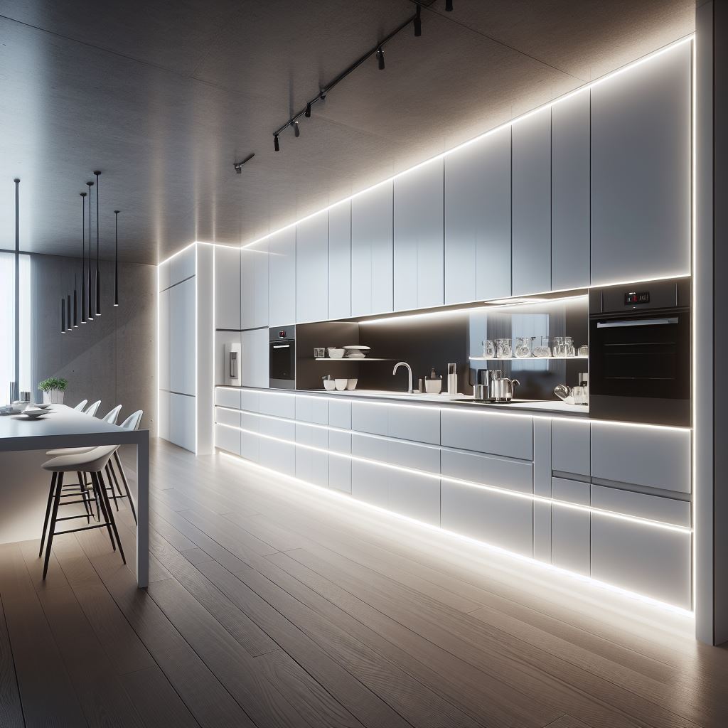 Conception de cuisine haut de gamme, mobilier blanc sans poignée, lignes épurées et éclairage architectural LED.