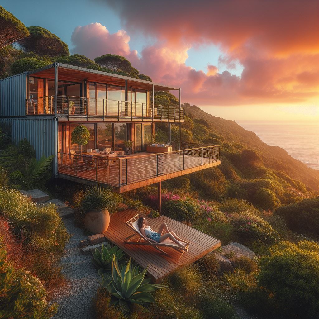 Maison d’architecte sur falaise, construite à partir de **modules de containers** avec grandes baies vitrées et terrasses en bois.