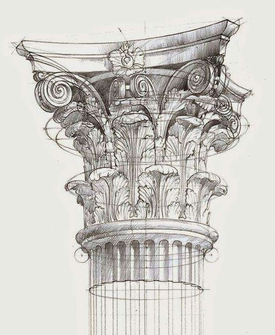 Dessin technique classique, étude d'un chapiteau corinthien, premier travail d'architecture et de design à l'École Boulle.