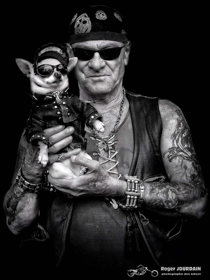 Portrait d'un biker aux lunettes de soleil, tenant un petit chien chihuahua habillé d'une veste en cuir et de lunettes, lors d'une concentration moto.