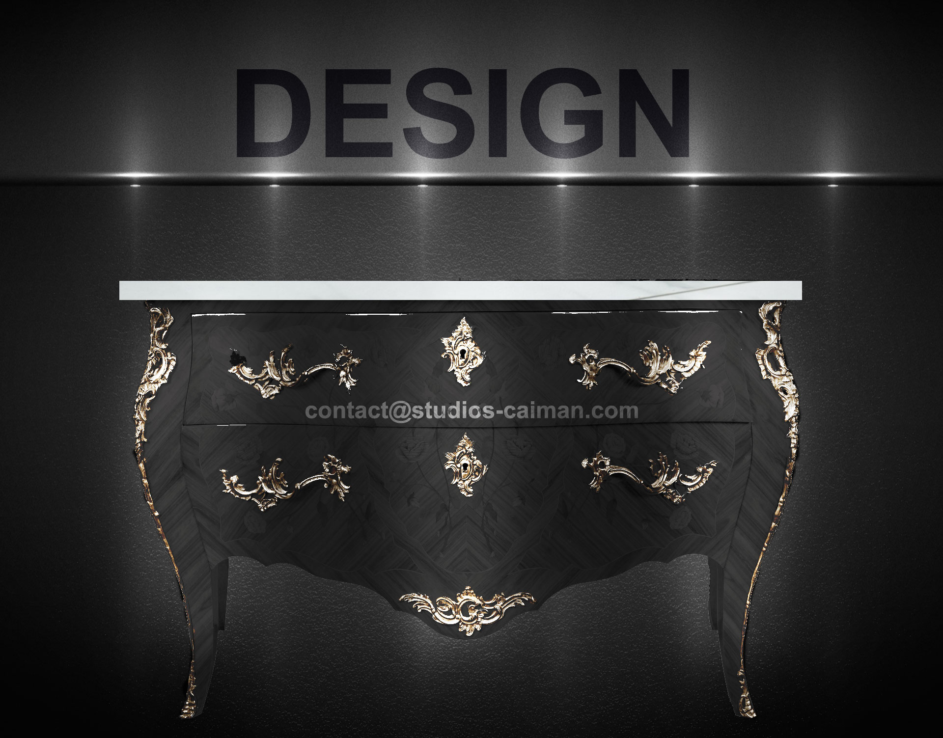 Mobilier remasterisé : commode tombeau style Louis XV ou baroque, laquée noire brillante, avec quincaillerie rococo chrome ou argent vieilli restaurée.