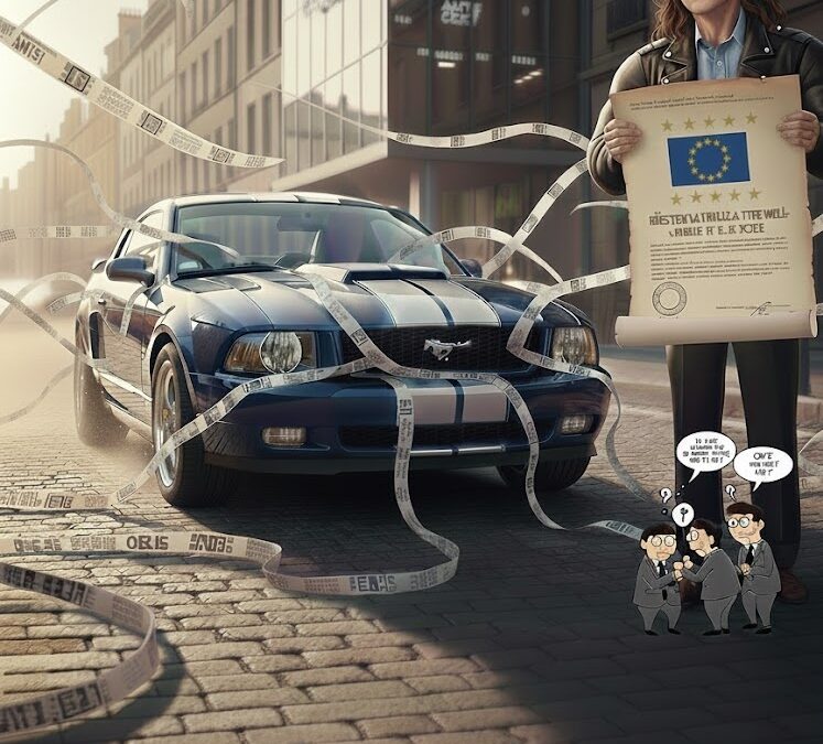 Illustration style ligne claire montrant un homme athlétique aux cheveux longs bruns devant une Ford Mustang bleue et le bâtiment ANTS-CERT, entouré de petits agents administratifs.