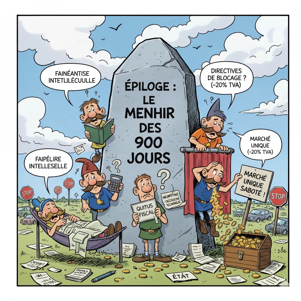 Illustration de style bande dessinée montrant un usager avec sa Ford Mustang rouge devant une tour médiévale nommée "La Forteresse de l'Incompétence", où des agents du fisc bloquent la délivrance d'un quitus fiscal malgré les preuves du droit européen.