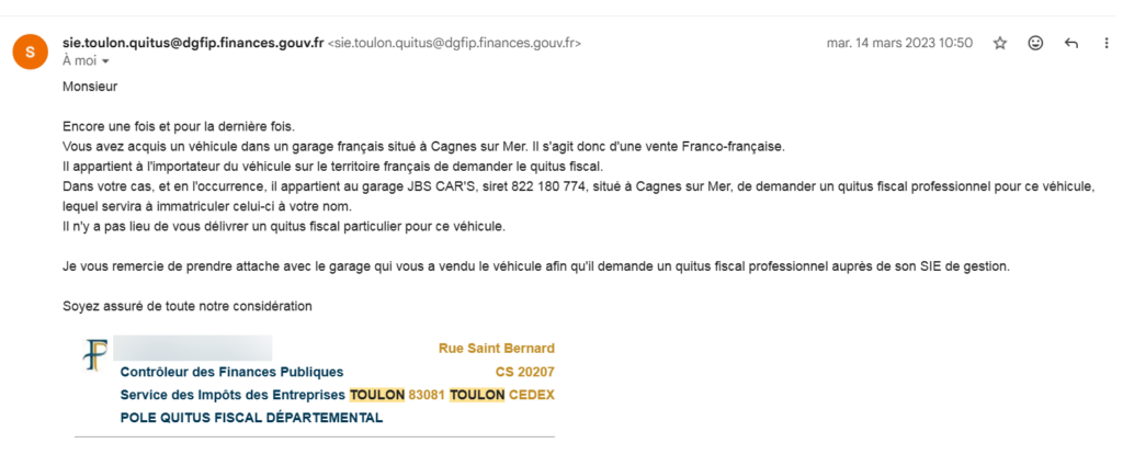 E-mail d'obstruction administrative du pôle quitus fiscal de Toulon avec la mention "Encore une fois et pour la dernière fois".