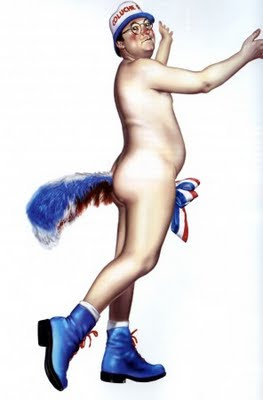 Coluche nu avec une queue de coq tricolore et des chaussures bleues, parodiant l'allégorie de la France pour sa campagne présidentielle de 1981.