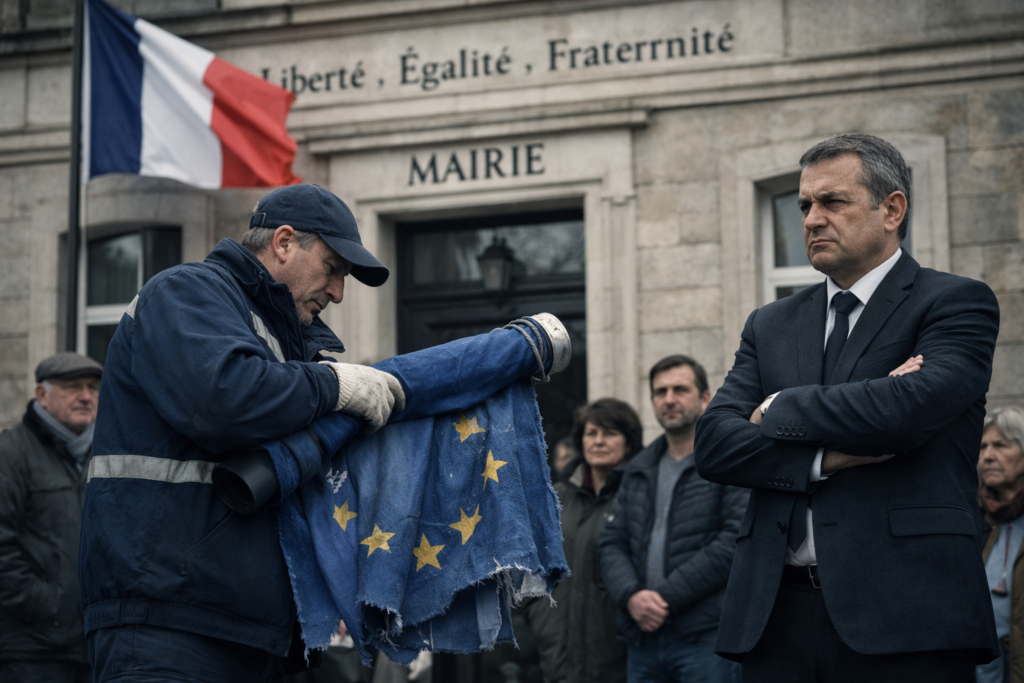 Scène de retrait du drapeau européen devant une mairie française avec le slogan Liberté Égalité Fraternité.