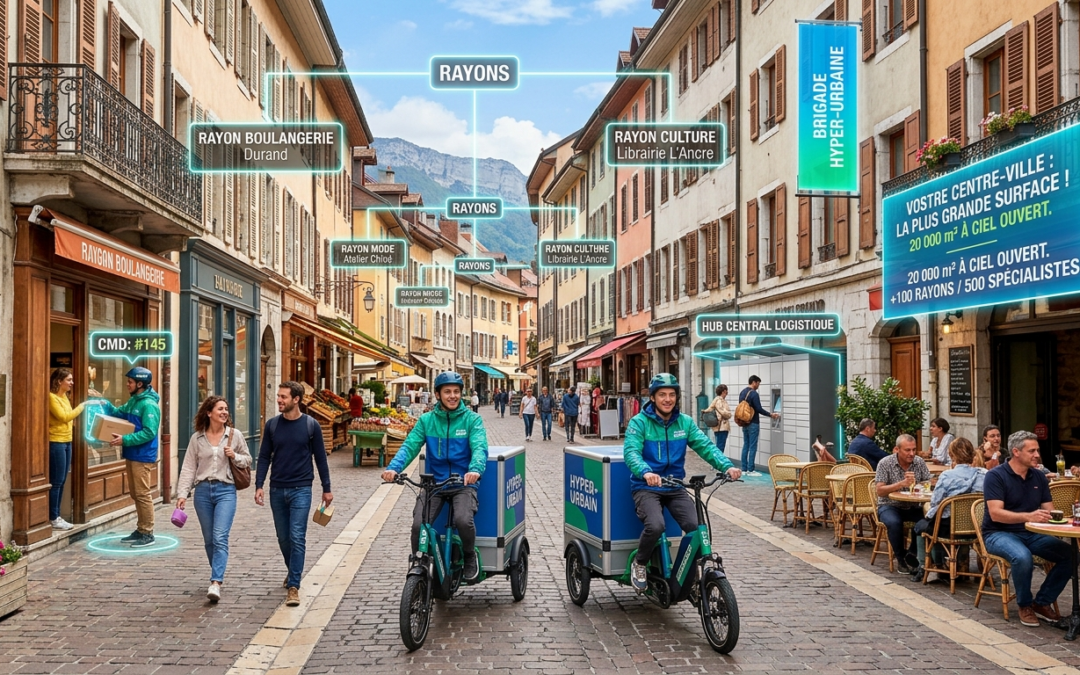Représentation d'un centre-ville piétonnier dynamique transformé en grand magasin à ciel ouvert (le concept Hyper-Urbain). On y voit des façades historiques, des overlays digitaux identifiant les boutiques comme des "Rayons", deux triporteurs de livraison électriques de la Brigade du Cœur au premier plan, et une grande affiche publicitaire faisant la promotion de 20 000 m² de commerce de proximité.