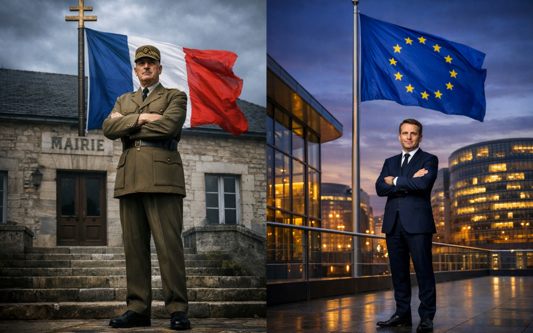 Comparaison entre un grand leader souverainiste devant le drapeau français à Colombey et un dirigeant moderne devant le drapeau européen pour illustrer le concept de France liquidée et le débat sur le Frexit.