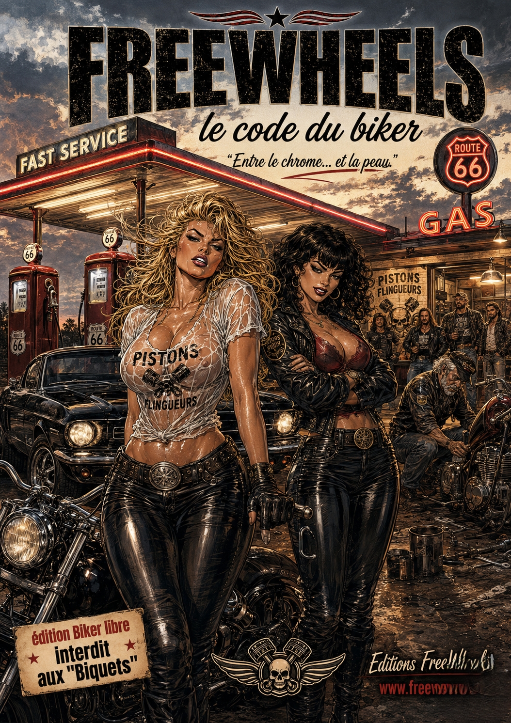 Illustration style BD de la couverture "Freewheels, le code du biker" montrant deux femmes bikers devant une station-service vintage Route 66 avec des Mustangs et des motos.