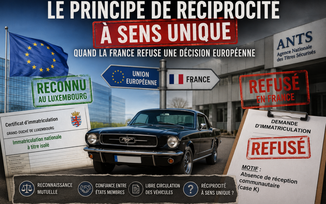 Illustration du principe de réciprocité à sens unique entre l'ANTS et l'Union européenne pour l'immatriculation d'un véhicule reconnu au Luxembourg mais refusé en France.