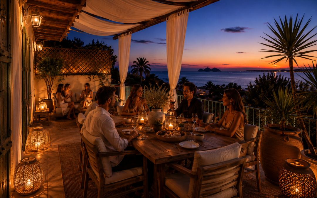 Dîner méditerranéen sur une terrasse avec vue mer à Cannes La Californie face aux îles de Lérins au coucher du jour