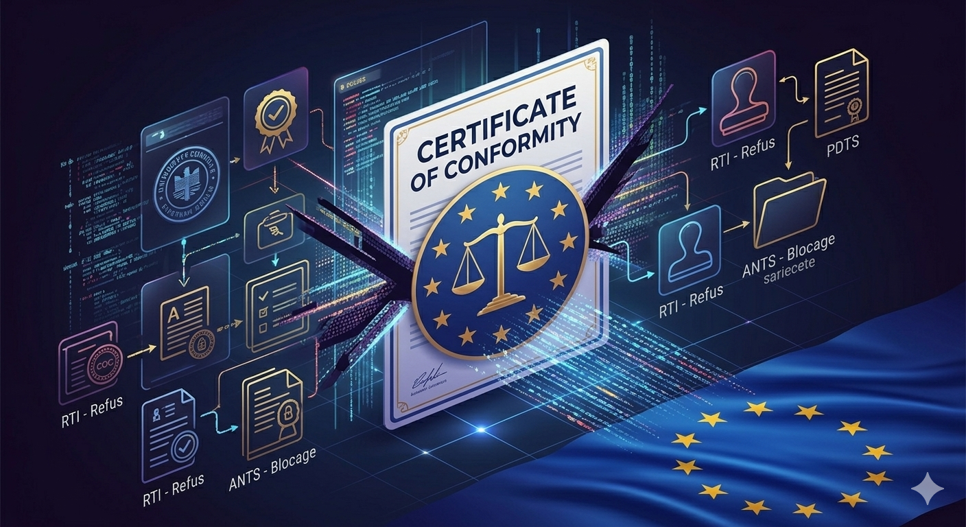 Infographie sur le blocage de l'immatriculation ANTS et le refus de réciprocité des RTI européennes.