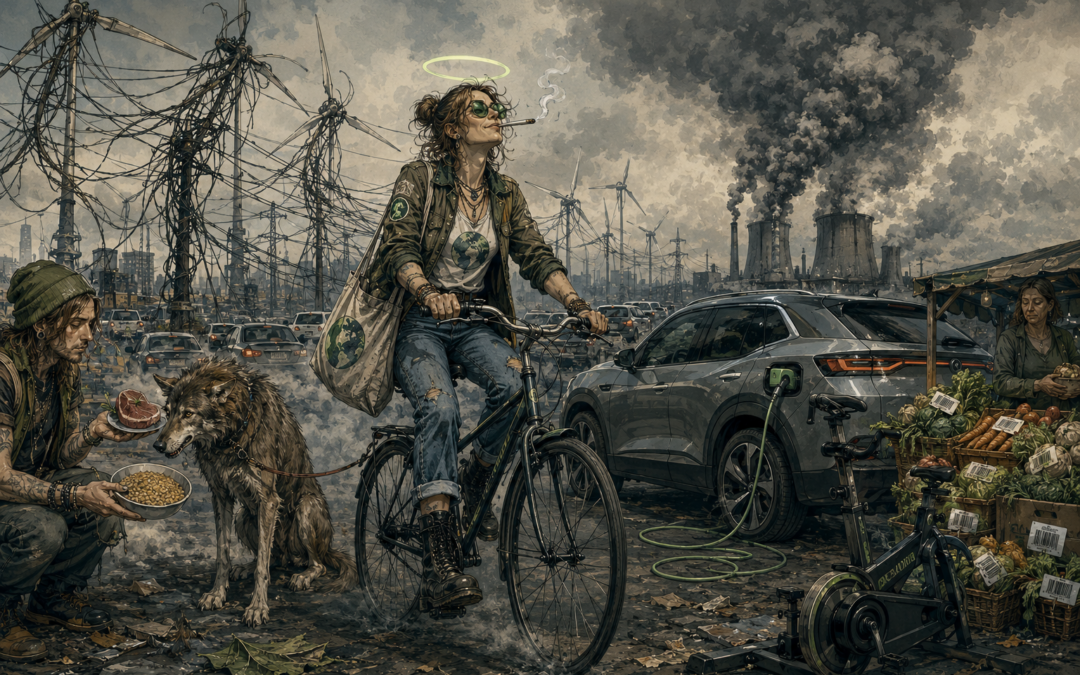 Illustration satirique d'une cycliste écologiste traversant un nuage de gaz d'échappement, fumant une cigarette roulée, devant des éoliennes et une centrale à charbon, symbole des contradictions de l'écologie moderne.