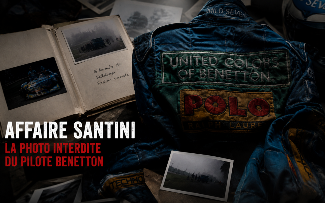 Dossier consacré à l'affaire Santini avec combinaison Benetton, photographies d'archives et documents liés au mystérieux pilote d'essais de 1994.