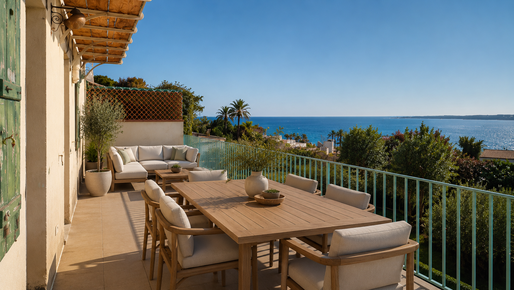 Terrasse d'appartement avec vue mer panoramique sur les îles de Lérins à Cannes La Californie, dans un environnement résidentiel calme et recherché de la Côte d'Azur.