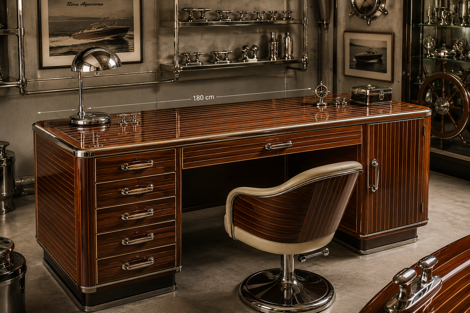Bureau Riva 180 par Studios-Caiman, bureau de direction inspiré des runabouts italiens des années 1950-1960, marqueterie en acajou verni, galerie inox et accastillage nautique.
