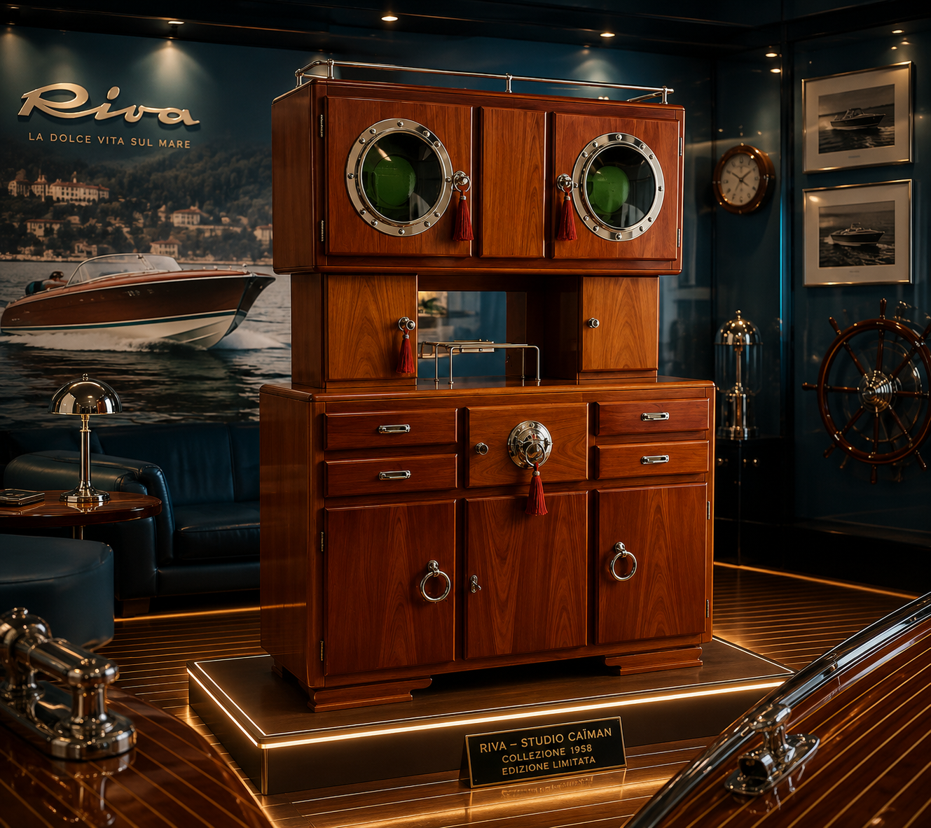 Mado Riva par Studios-Caiman, meuble de rangement inspiré de l'univers nautique italien des années 1950-1960, réalisé en acajou verni avec hublots, quincaillerie inox et présenté dans une galerie de design.