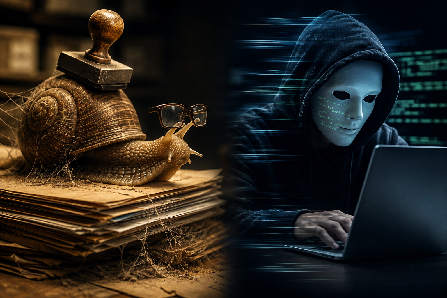 Illustration satirique : un escargot portant des lunettes et un tampon administratif ANTS avance lentement sur une pile de dossiers, symbolisant douze ans de blocage, tandis qu'un hacker au masque blanc pirate un système en 24 heures.