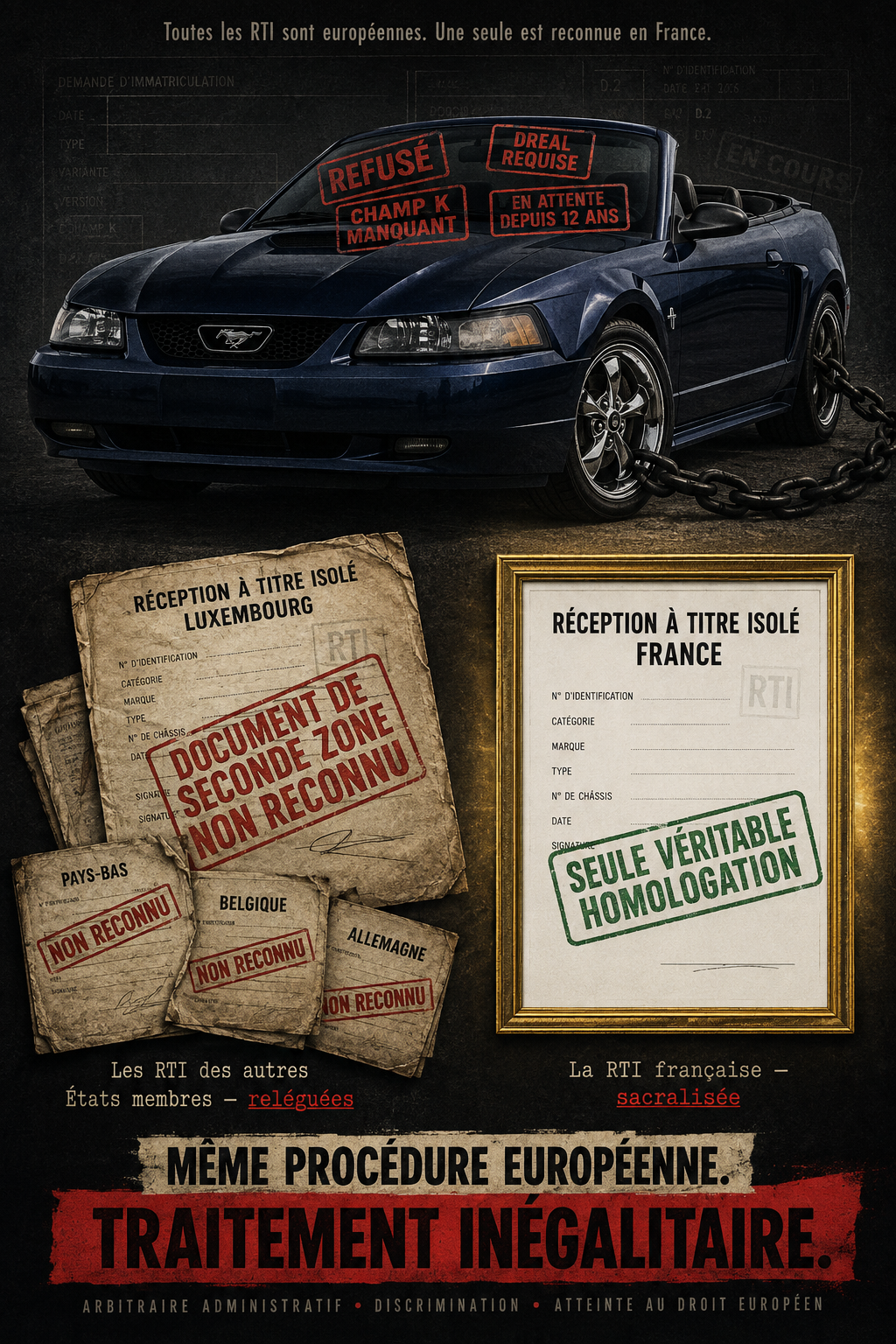 Illustration symbolique montrant une Ford Mustang New Edge bloquée par l'administration française, accompagnée d'une hiérarchie arbitraire entre les Réceptions à Titre Isolé européennes : celle de la France présentée comme seule véritable homologation, tandis que celles des autres États membres (Luxembourg, Pays-Bas, Belgique, Allemagne) sont reléguées au rang de documents de seconde zone, en violation du principe de reconnaissance mutuelle des homologations nationales dans l'espace européen