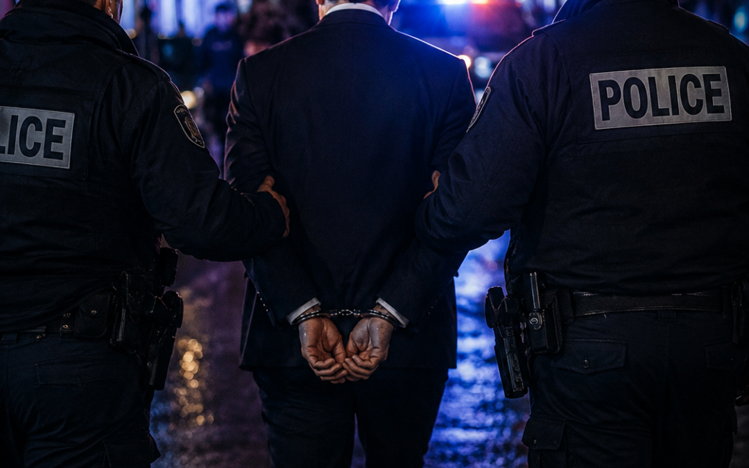 Homme en costume menotté escorté par la police de nuit, symbole de la justice financière en Islande