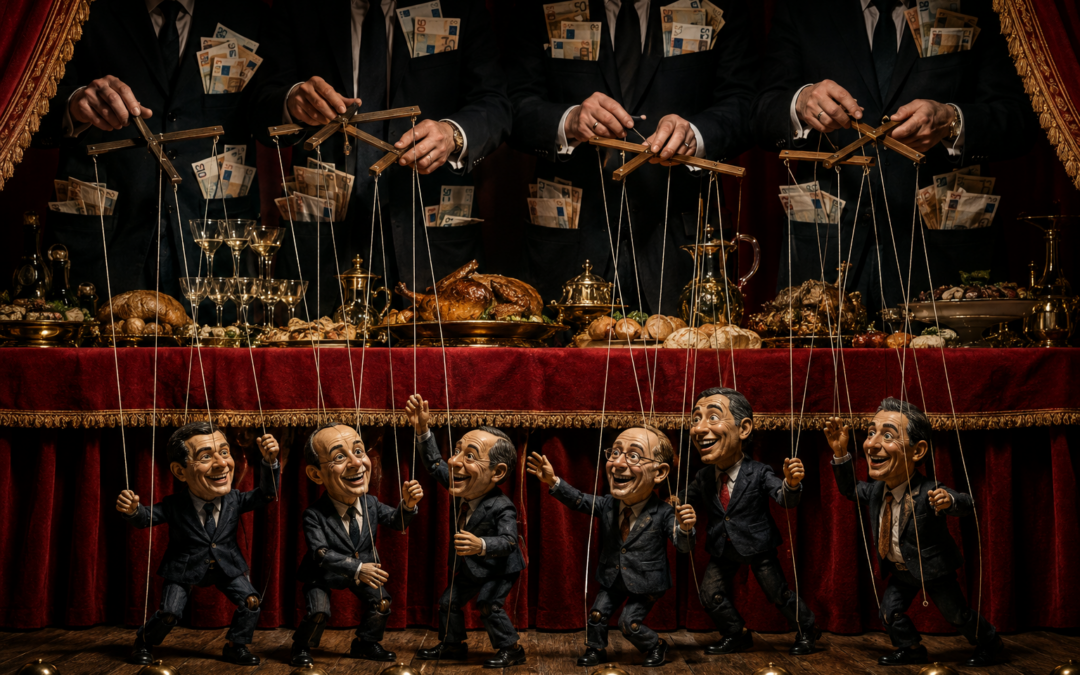 Photo satirique de marionnettes politiques manipulées par des marionnettistes anonymes aux poches gonflées de billets, devant un buffet somptueux — illustration du pillage légal de l'épargne des Français