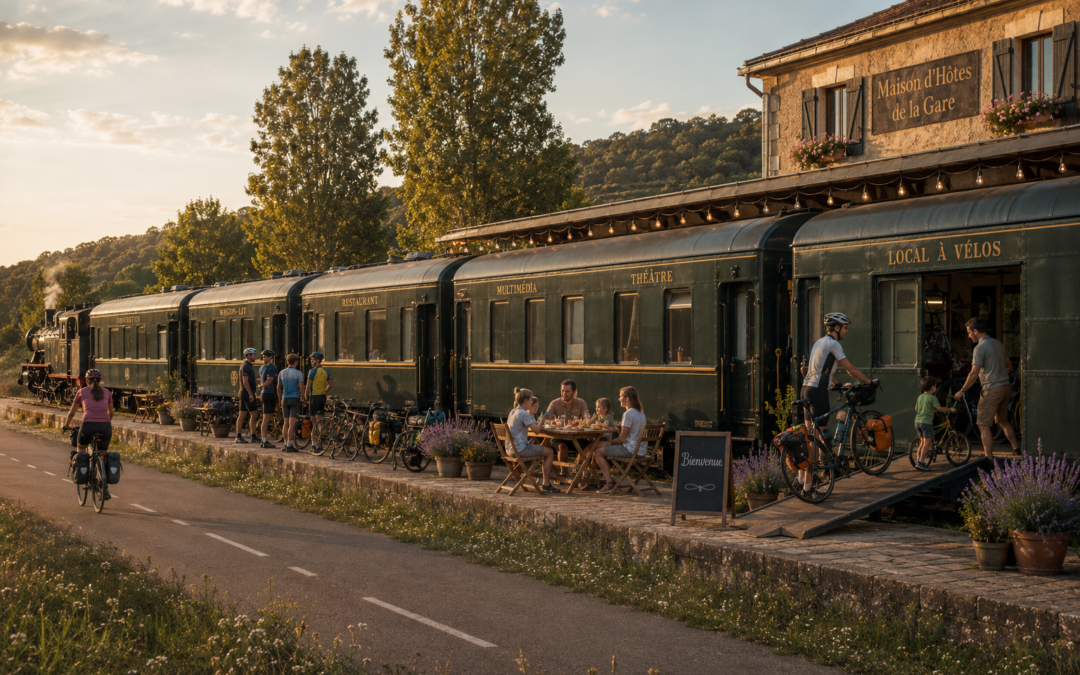 Le Tortillard des Bourgs : train hébergement insolite en bord de voie verte, avec wagons couchettes, restaurant et local à vélos accueillant cyclotouristes et familles en Hérault