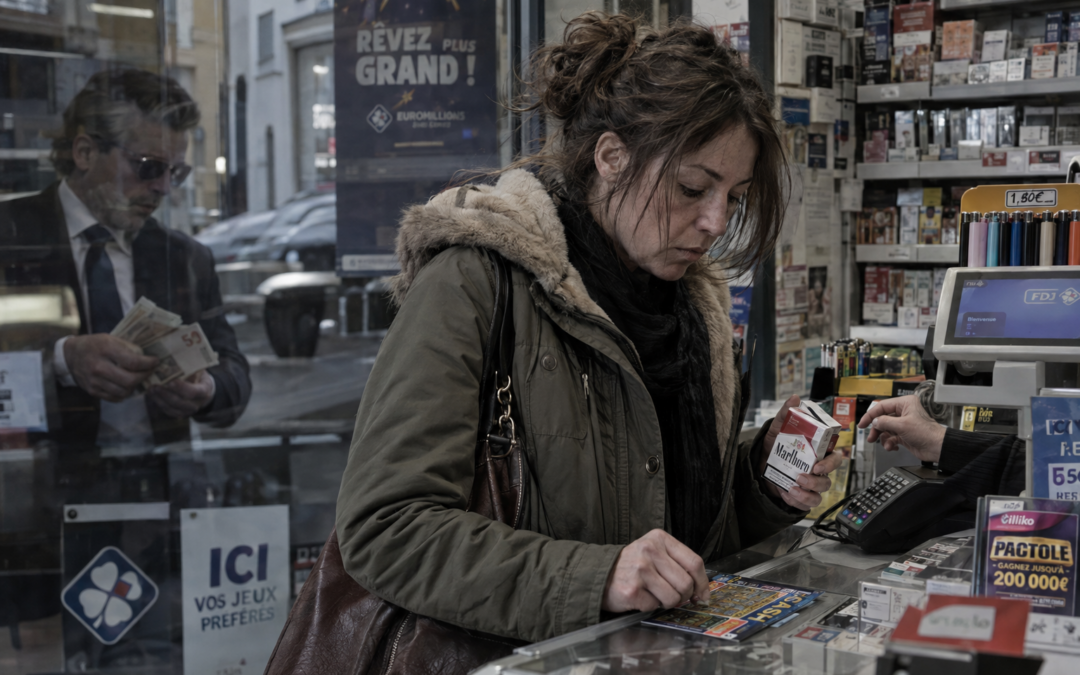 Femme qui achète des cigarettes et gratte un ticket de loto au bureau de tabac — taxe tabac jeux argent France