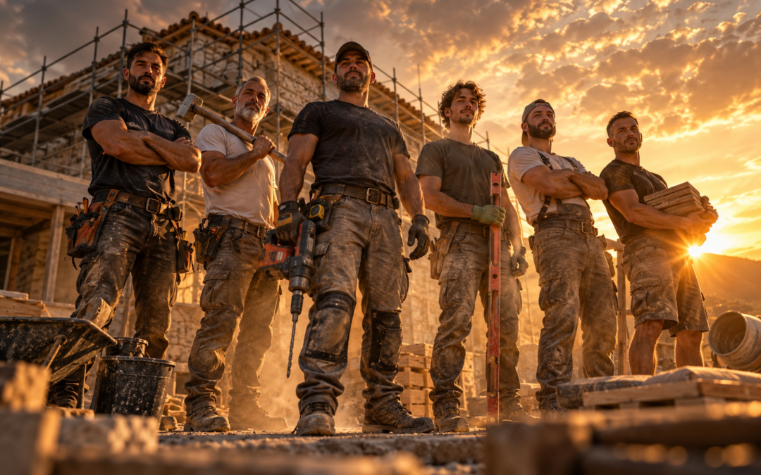 Six artisans du bâtiment réunis sur un chantier au coucher de soleil, outils en main, devant une maison en pierre en cours de rénovation collective