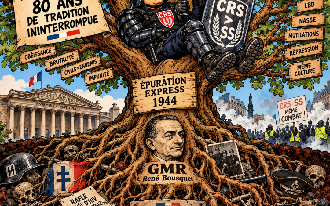 Illustration satirique montrant la filiation entre les GMR de Vichy et les CRS — arbre généalogique avec René Bousquet dans les racines et un CRS moderne au sommet