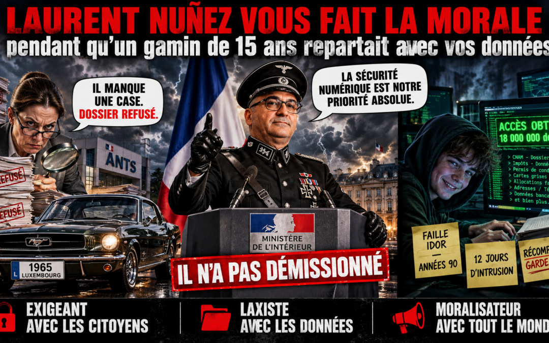 Illustration satirique — Laurent Nuñez ministre de l'Intérieur au pupitre pendant le piratage ANTS : 18 millions de données volées par un adolescent de 15 ans